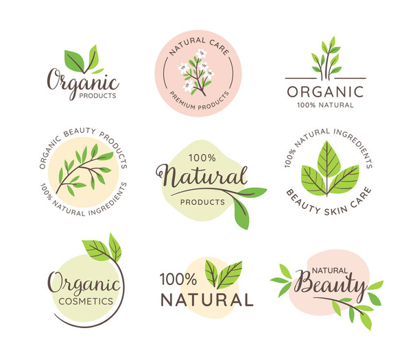 Organic and Natural label collection. Natural cosmetic emblems. Skin Care, organic beauty products. Vector illustration. - ベクター画像