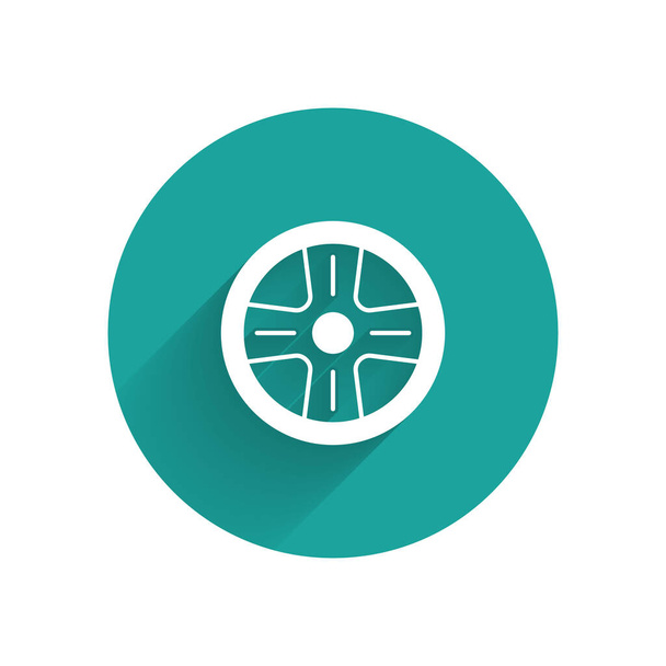 White Alloy wheel for a car icon isolated with long shadow. Green circle button. Vector. - Vector, Image