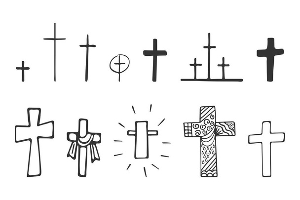 Conjunto de cruces cristianas dibujadas a mano aisladas sobre fondo blanco. Religión y Cristianismo. Símbolos cristianos. Ilustración vectorial - Vector, Imagen