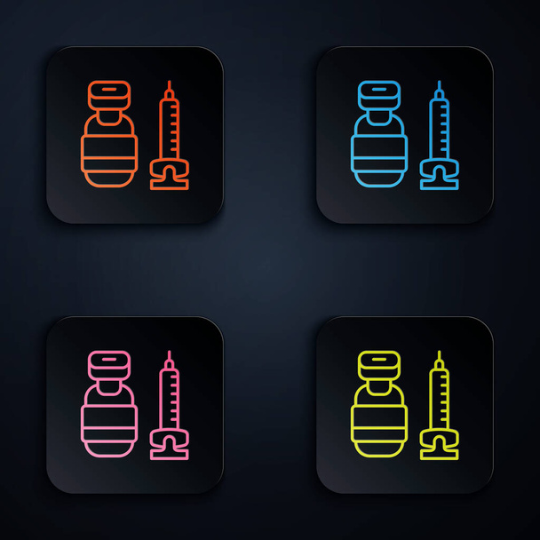 Color neon line Medical syringe with needle icon isolated on black background. Vaccination, injection, vaccine, insulin concept. Set icons in square buttons. Vector. - Вектор,изображение