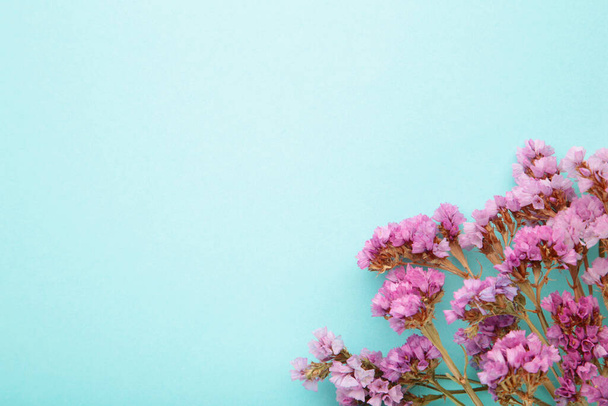 Flowers composition. Gypsophila flowers on pastel blue background. Flat lay, top view, copy space. Spring - Fotó, kép