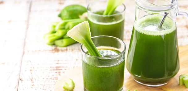 celery smoothie, green juice, natural vegetables. - Photo, Image