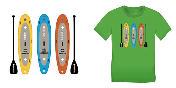 Print op t-shirt graphics design, Paddle board en surfplank, geïsoleerd op groene achtergrond blanco - Foto, afbeelding