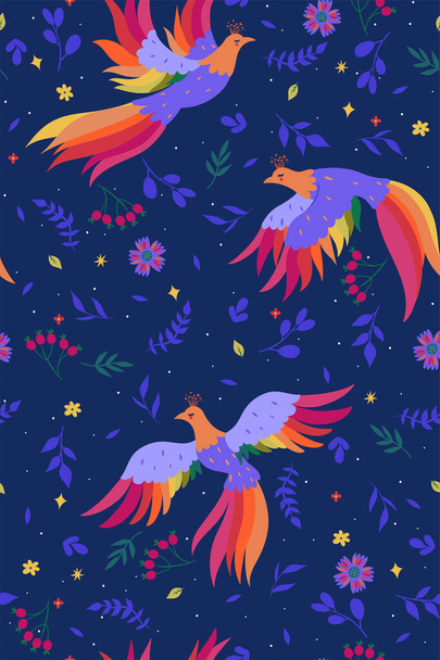 Seamless pattern with magic birds on a blue background. Vector image. - Vector, Image