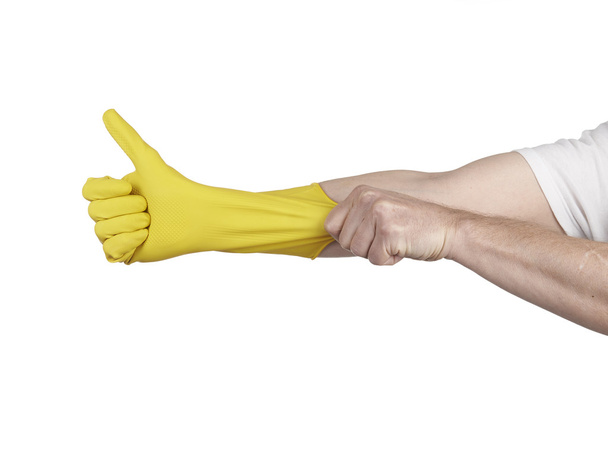 Latex Glove For Cleaning on hand isolated on white background - Foto, imagen