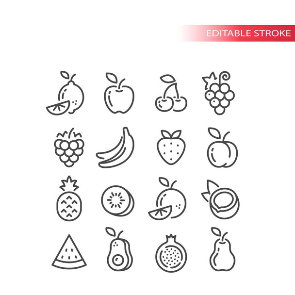 フルーツラインベクトルアイコンセット。アップル、バナナ、レモン、パイナップルのアウトラインフルーツ、編集可能なストローク. - ベクター画像