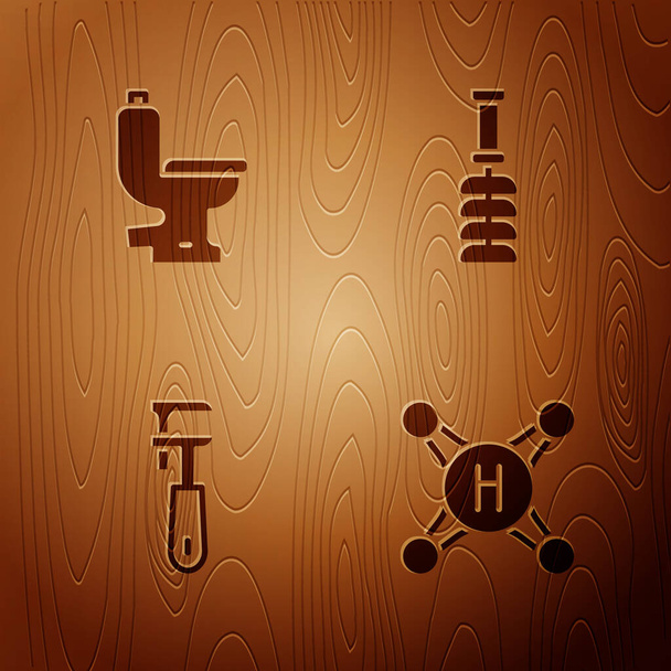 Set rubinetto dell'acqua, WC ciotola, chiave regolabile tubo e spazzola su sfondo di legno. Vettore. - Vettoriali, immagini