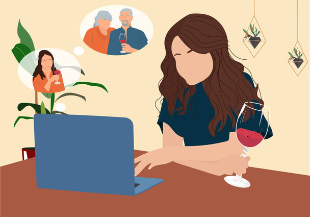 The girl alone drinks wine at home and communicates with her family. Online celebration concept. Poster, greeting card, banner for family day, father's day, mother's day. - Vector, Image