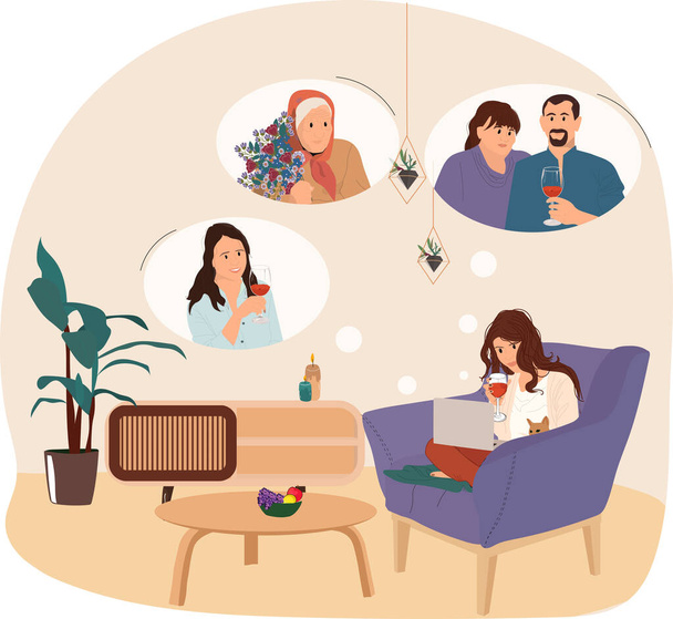 A lonely girl sits in a chair and communicates with relatives. Videoconference of a woman with her parents and sister. Online celebration of family day. - Vector, Image
