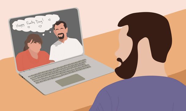 The son communicates with his parents via video link. Online family day celebrations. Father and mother at the laptop screen. Vector flat illustration - Vector, Image