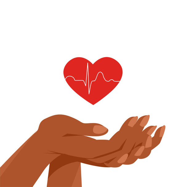 Kadın eli tasviri kalbin sağlığını korur. Afrikalı Amerikalı. Vektör izole illüstrasyonu - Vektör, Görsel