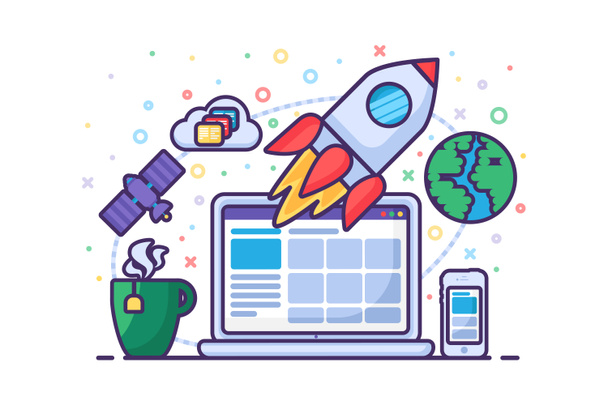 Startup launch rocket success new business vector. Communication with partners or colleagues through internet laptop. Online freelancer work and business at workplace flat cartoon illustration - Photo, Image