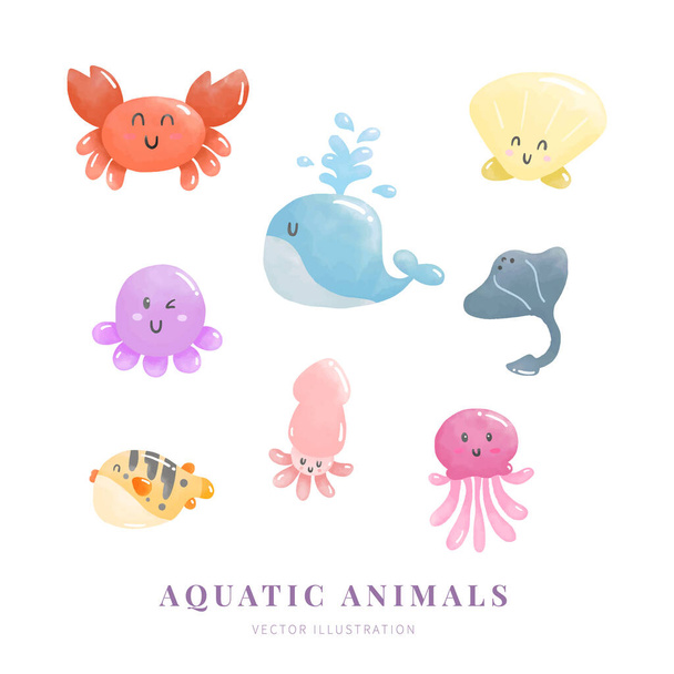 Conjunto de animales acuáticos acuáticos. Cangrejo, ballena, calamar, pez globo, mariscos, medusas, rayas. Pintura digital. Ilustración vectorial. - Vector, imagen