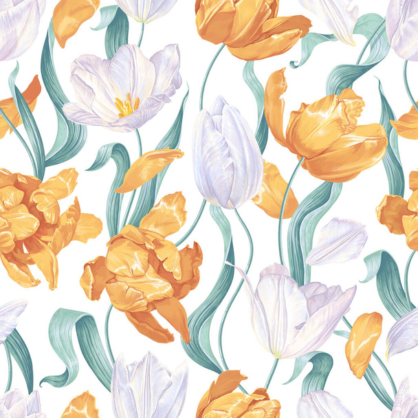 Seamless pattern with realistic vector hand drawn tulips. Spring flowers white and yellow on a white background. Ornament for your design, textiles, postcards, surfaces, wrapping paper, surface design - Вектор,изображение