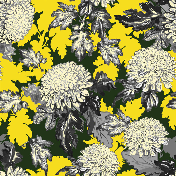 Blow-up Chrysanthemum flowers drawn by hand in trendy color of the year. - Vektör, Görsel