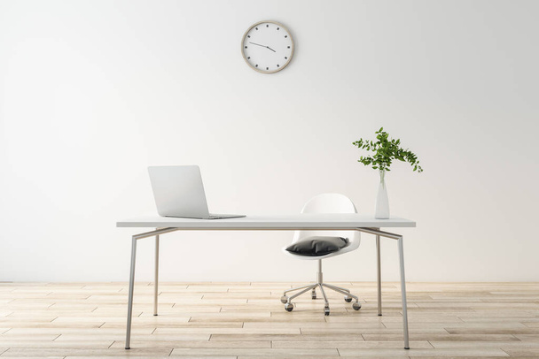 Stylish minimalistic design work space with laptop on light table, wooden floor and wall clock on white background wall, 3D rendering - Фото, изображение