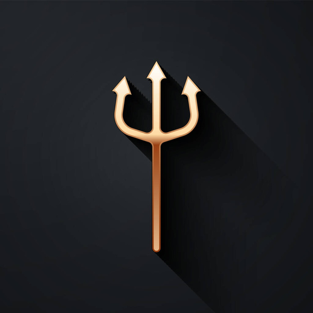 Gold Neptune Trident icoon geïsoleerd op zwarte achtergrond. Gelukkig Halloween feest. Lange schaduw stijl. Vector. - Vector, afbeelding