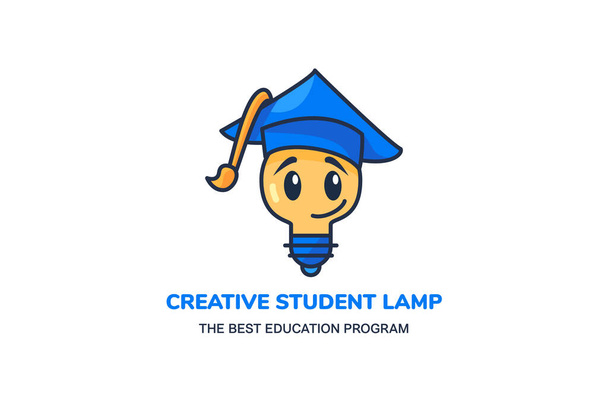Kreatív diák lámpa oktatják program logó vektor. Villanykörte vicces diák visel diplomás kalap és mosolygós, távolság e-learning. Vicces izzó karakter lapos rajzfilm illusztráció - Vektor, kép