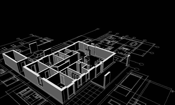 Modern ev mimari projesi çizimi 3D illüstrasyon - Fotoğraf, Görsel
