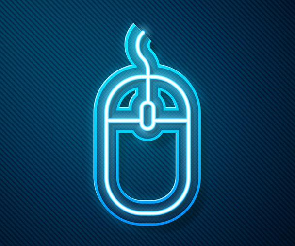 Leuchtende Leuchtschrift Computermaus-Symbol isoliert auf blauem Hintergrund. Optisch mit Radsymbol. Vektorillustration. - Vektor, Bild