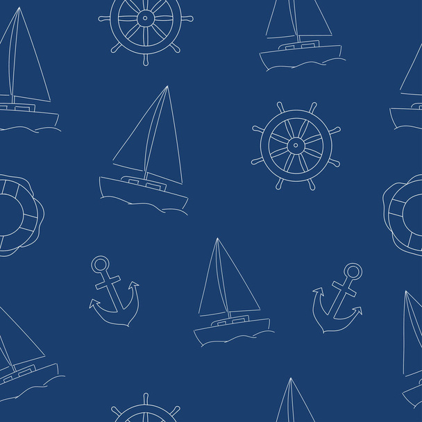 Hand drawn marine seamless pattern with sailboat, anchor and steering wheel - Vector, afbeelding