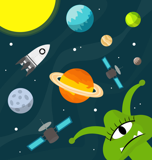 Funny cute ufo illustration in the space - Vector, Image