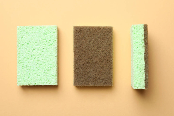Mint sponges on beige background, top view - Фото, изображение