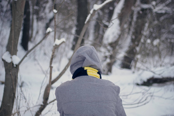Man in a gray jacket. Black and yellow scarf. Winter forest background. Seasonal change of weather. Life on the go. - Photo, Image