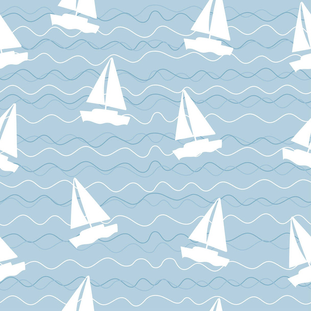  Nahtloses Muster mit Segelbooten und Wellen auf blauem Hintergrund - Vektor, Bild