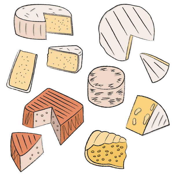 Un conjunto de exquisitas exquisiteces de queso blando y duro. Los productos lácteos redondos en forma de pastel se cortan en trozos triangulares. Iconos planos lineales simples con comida. Para pegatinas, emblemas - Vector, imagen