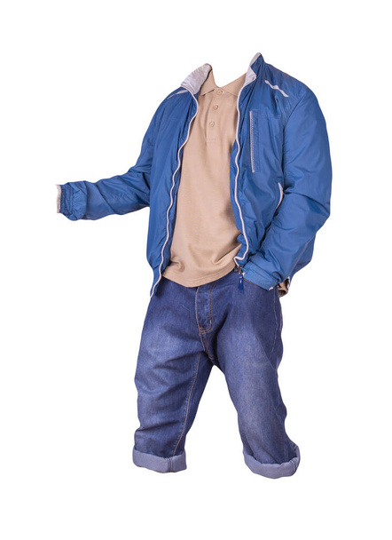 Denim dark blue shorts,beige t-shirt with collar on buttons and blue windbreaker  jacket on a zipper  isolated on white background - Φωτογραφία, εικόνα