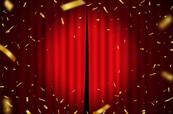 Vector Ilustration of Red curtain with falling gold confetti eps10 - Vector, Image