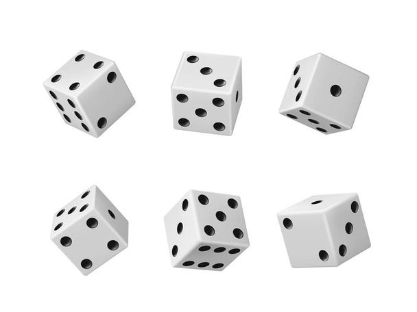 Gokken spel dobbelstenen realistische vector set van casino craps, poker en tafelblad bordspellen Geïsoleerde witte dobbelstenen blokjes met zwarte stippen of pitten in verschillende posities, entertainment - Vector, afbeelding