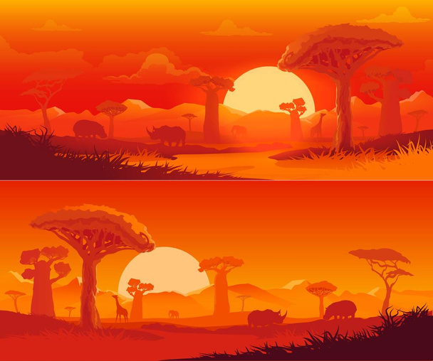 Sabana africana naturaleza vector paisaje al atardecer. Safari animal, cielo naranja al atardecer, sol y nube, árbol baobab sabana, elefante y jirafa, rinoceronte e hipopótamo, siluetas de montaña sabana - Vector, imagen