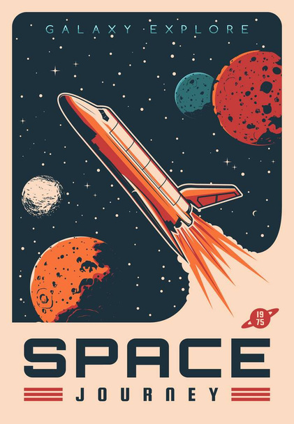 シャトル宇宙船レトロベクトルバナーと宇宙旅行。ロケットは宇宙、惑星や衛星、星で飛んでいます。銀河探査ミッション、天文学科学、星の旅のポスター - ベクター画像