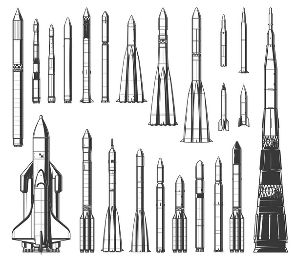 宇宙ロケットとシャトル宇宙船。ベクトルモノクロ異なるタイプとサイズの宇宙船、衛星輸送のためのミサイル、軌道上での打ち上げ、シャトル重いリフト車両キャリア - ベクター画像