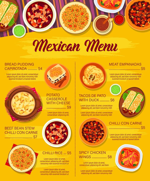 Šablona vektorového menu mexické kuchyně. Kastrol se sýrem, masovou empanádou a pikantními kuřecími křidélky. Chilli con carne, tacos de pato s kachnou, rýží nebo chlebovým pudinkem capirotada jídla Mexika - Vektor, obrázek