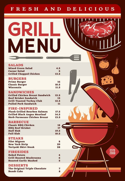 Grill menü bbq élelmiszer vektor sablonnal. Barbecue hús, csirke vagy marhahús steak, faszén grill, séf kések, bbq villa és tűz lángok, menü brosúra kávézó, bár és étterem design - Vektor, kép