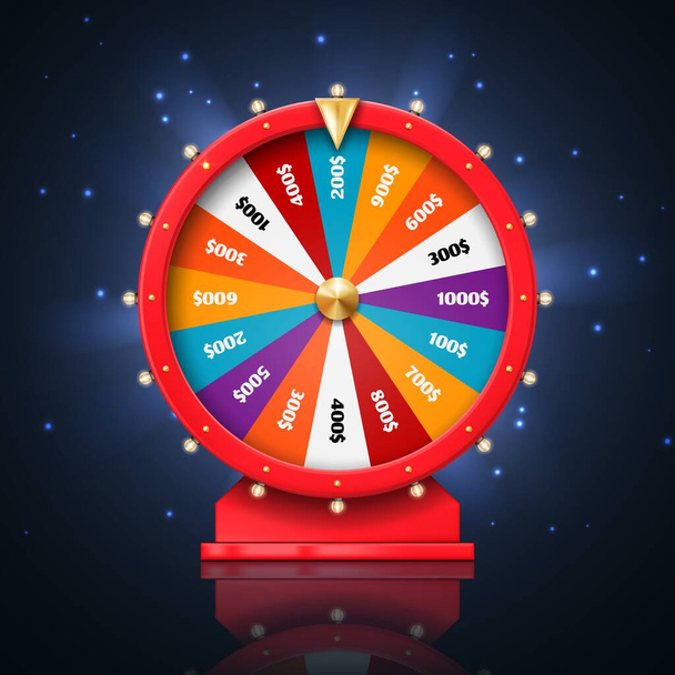 Fortune wheel or lucky spin games, vector casino and gambling design. 3d lottery, jackpot and money prize winner roulette with gold arrow, colorful win sections, light bulbs and sparkles - Vector, Image