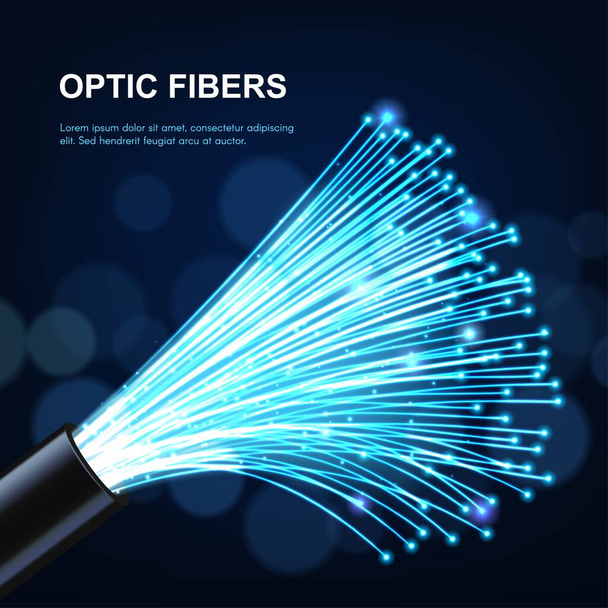 Brillante cable de fibra óptica o cable realista vector, fibra óptica futuras tecnologías. Velocidad de conexión a Internet, comunicación de red y telecomunicaciones, multimedia, ancho de banda digital de datos - Vector, imagen