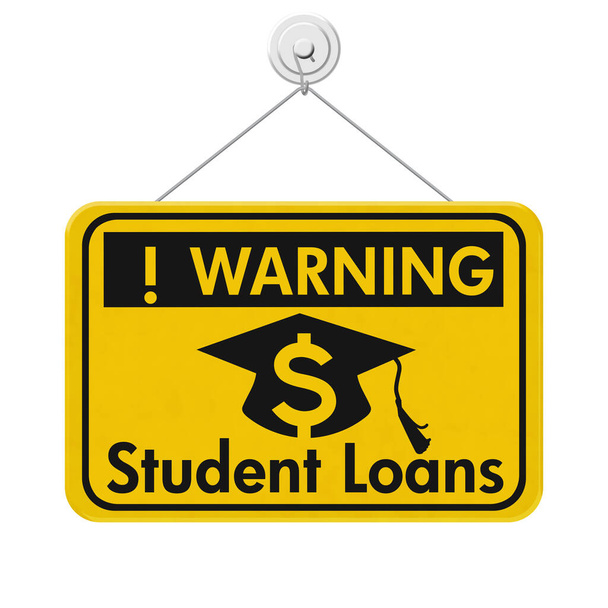 mensagem de aviso de empréstimo estudantil com chapéu de graduação e símbolo de sinal de dólar em um sinal de suspensão de cautela amarelo  - Foto, Imagem