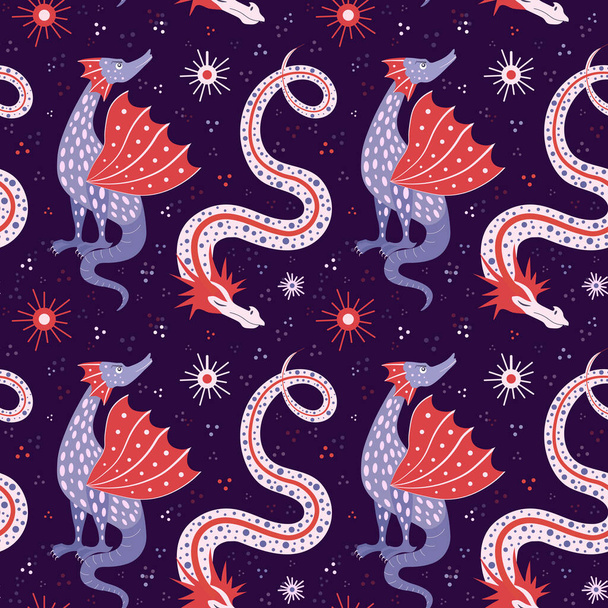 Cartoon Chinese Dragon Fairy Tale Seamless Pattern - Vector, Image