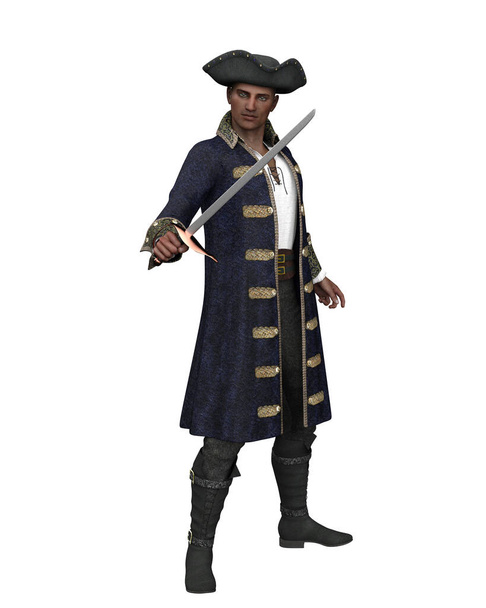Pirátský kapitán v modrém kabátě a třírohém klobouku s mečem v ruce. 3D ilustrace izolované na bílém pozadí. - Fotografie, Obrázek