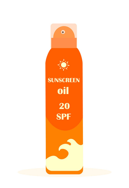 Апельсиновая бутылка спрея для масла. Успокаивающий солнцезащитный продукт для безопасного загара и здорового загорания. Цветная плоская векторная иллюстрация на белом фоне - Вектор,изображение