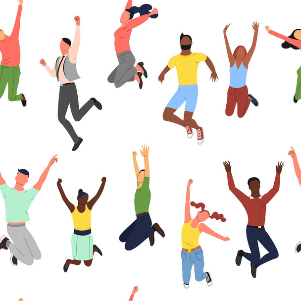 Nahtloses Muster mit einer Menge junger glücklicher multinationaler Menschen in hüpfenden Posen mit erhobenen Händen - Vektor, Bild