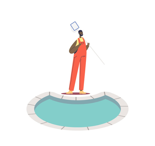 Pool maintenance worker with skimmer standing at swimming pool with clean water - Vector, Image