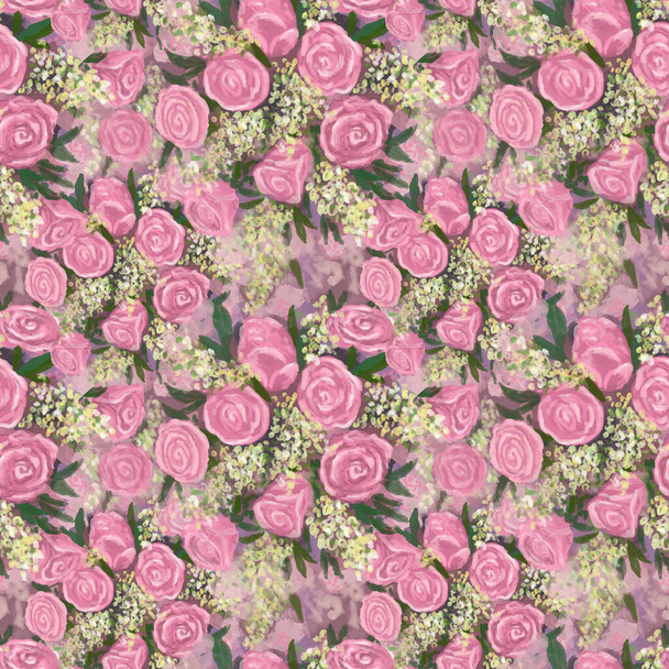 Patrón sin costuras con rosas rosadas claras y flores pequeñas blancas - Foto, Imagen