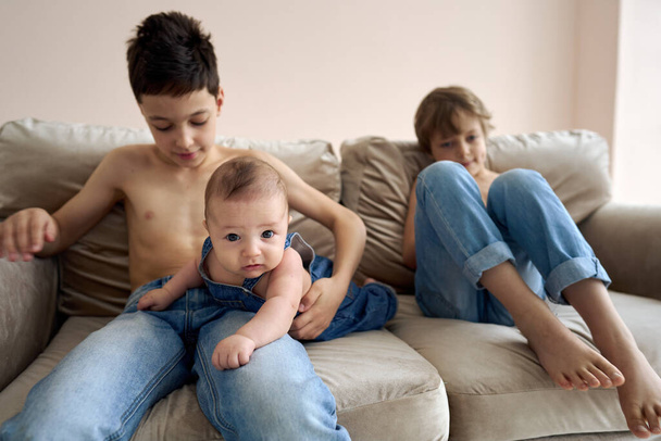 Family photo of three boys. Three brothers pose on the sofa. - Fotografie, Obrázek