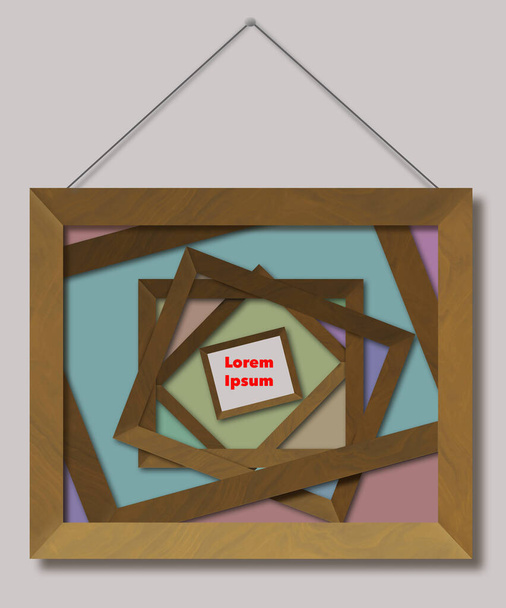 Prázdné dřevěné obrazové rámečky jsou na sebe naskládány s jediným ohniskovým bodem malého rámečku pro váš text nebo umění. To je. 3D ilustrace. - Fotografie, Obrázek