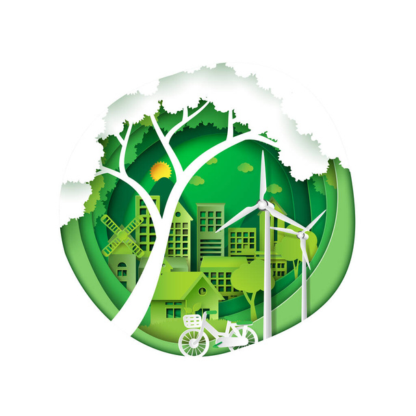 Green eco friendly city and save energy creative idea concept.Paper tallado naturaleza paisaje y medio ambiente conservación papel arte style.Vector ilustración. - Vector, imagen